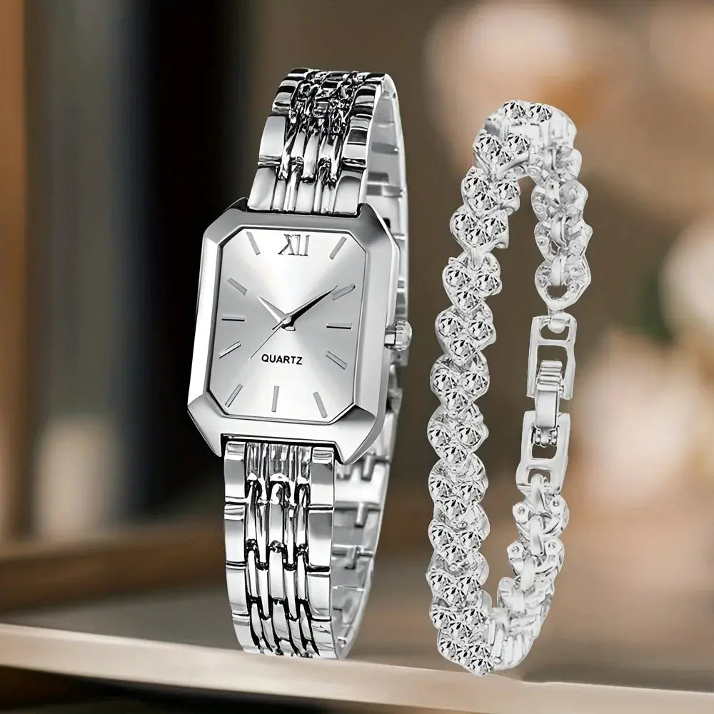 Simples Market 2-piece set: silver rectangular quartz watch with Roman numerals and matching crystal bracelet