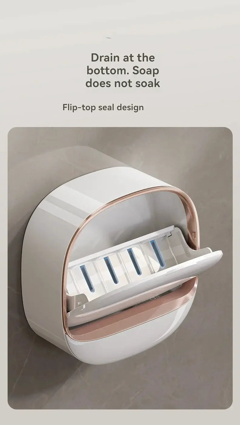 Waterproof soap box for shower by Simples Market; round white hanging soap holder with rose-gold trim and drainage