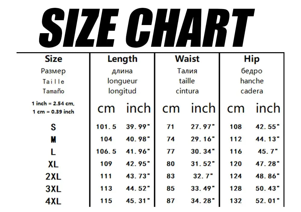 Simples Market men's cargo sweatpants size chart showing waist, hip and length measurements in cm and inches.