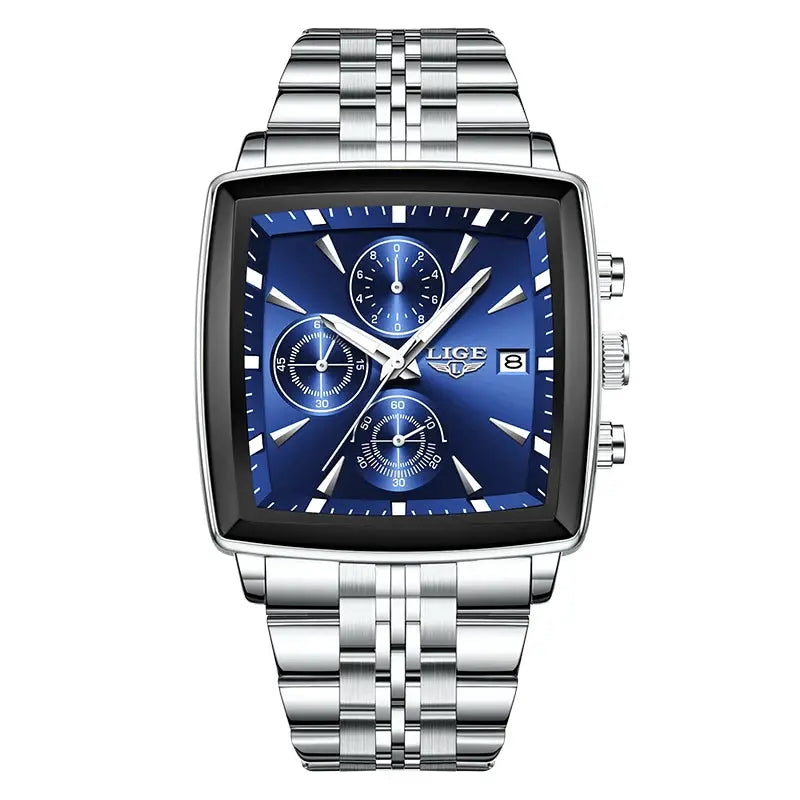 LIGE square blue dial men's stainless steel watch with chronograph subdials