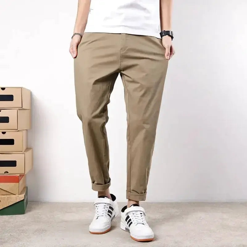 Men's khaki elastic cotton casual pants with rolled cuffs