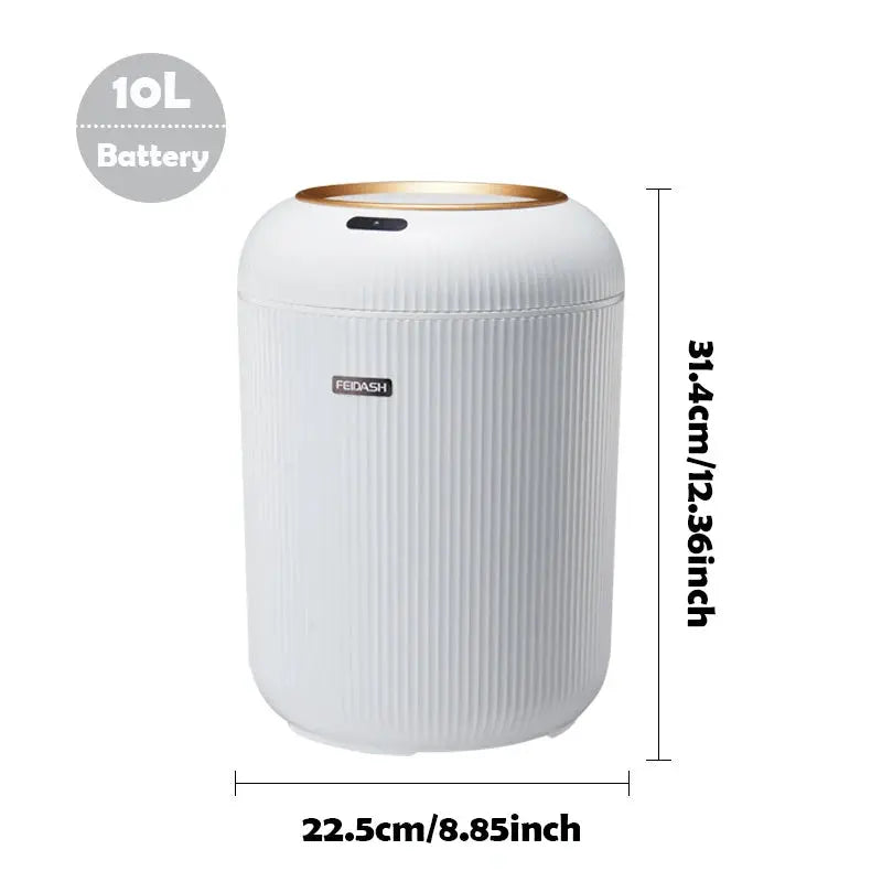 FEIDASH automatic trash can with lid, white plastic, battery-powered, 10L capacity, motion-sensor