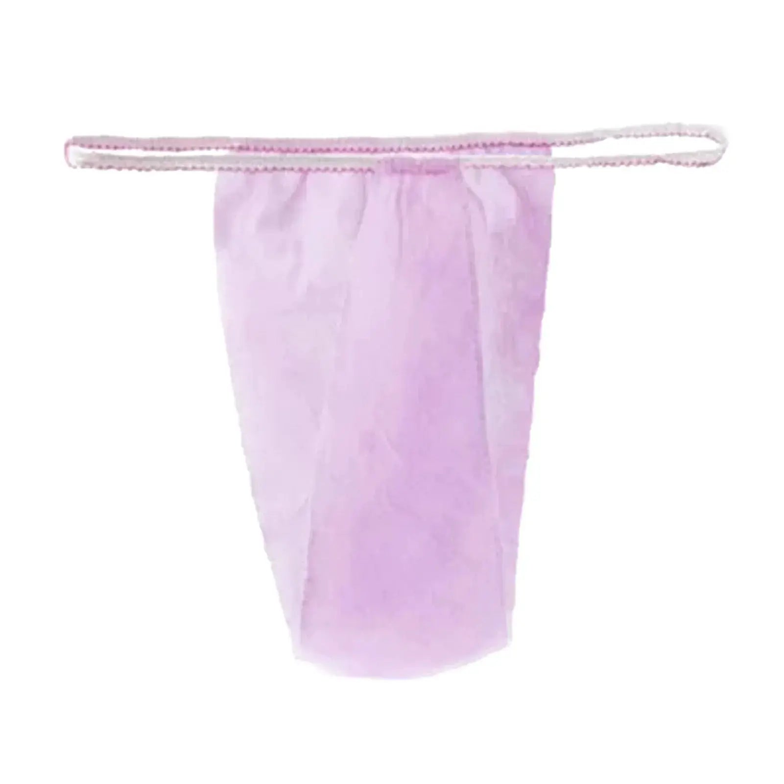 Lavender non-woven disposable women's thong underwear with pink stitched waistband