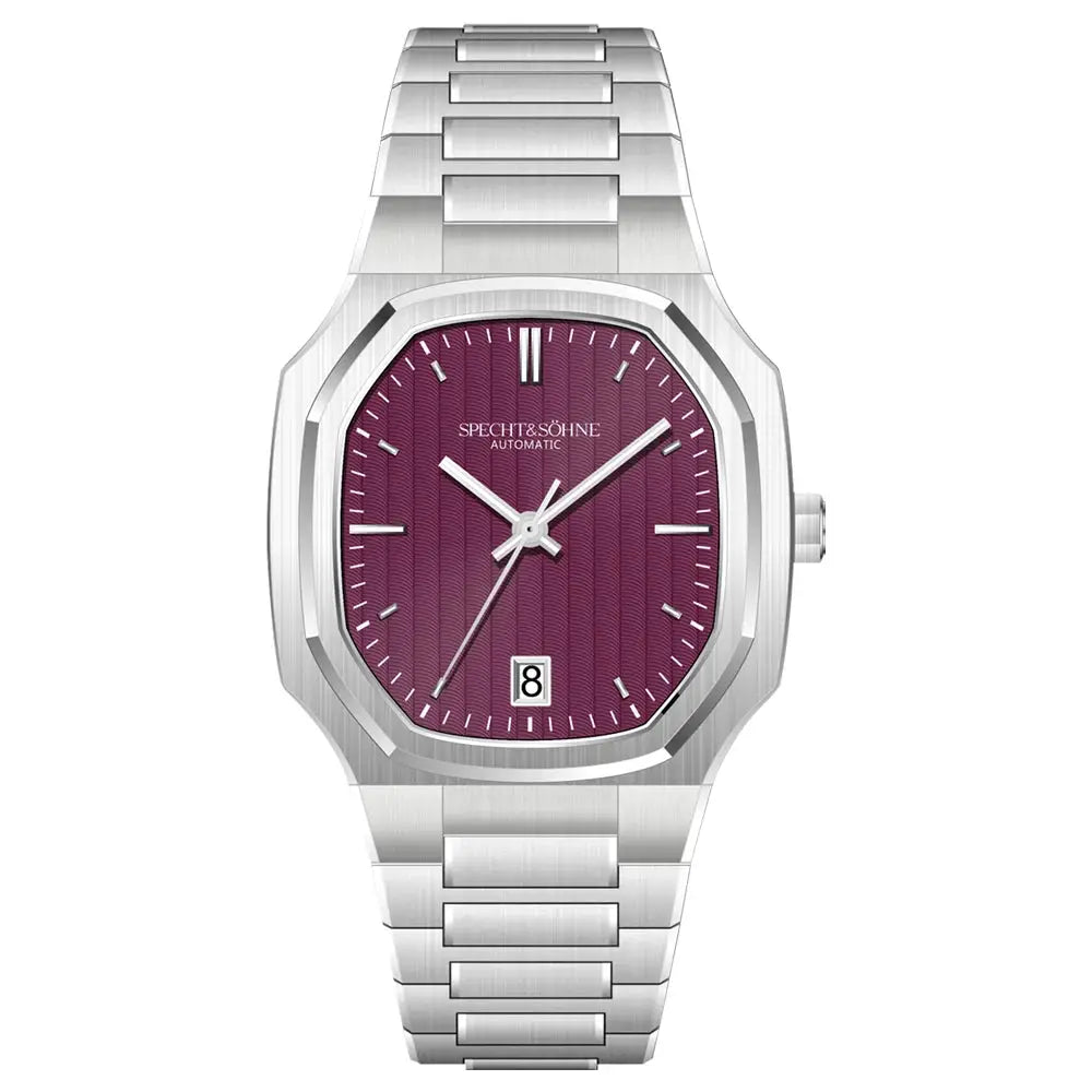 Specht&Sohne 37mm watch with purple dial, stainless steel bracelet, automatic movement, date window.