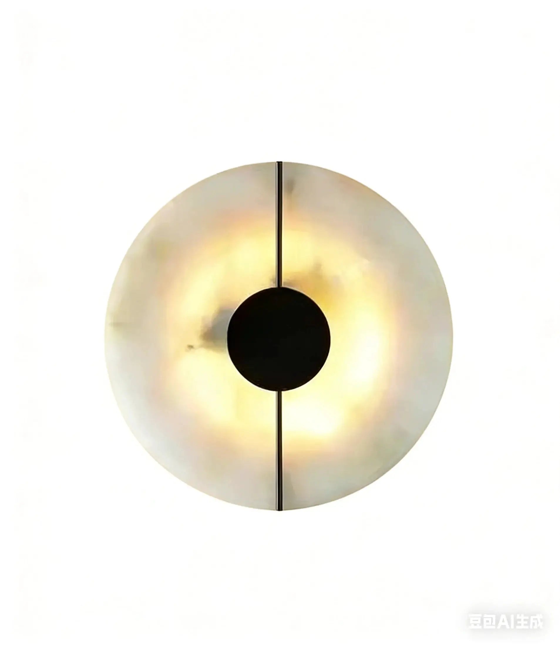 Alabaster marble wall light with circular disk design and black center, warm glow