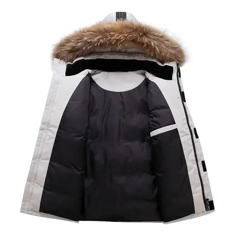Men's thermal down jacket white and black puffer with fur-trimmed hood by Simples Market