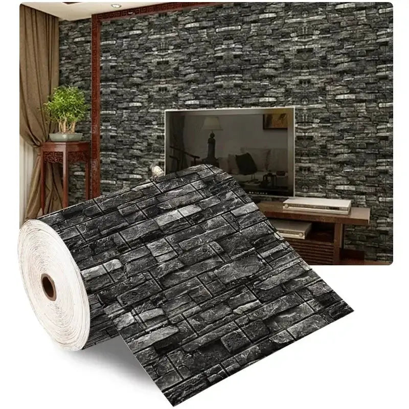 Simples Market 3D foam brick wall panel roll; self-adhesive, waterproof gray stone wallpaper for living rooms