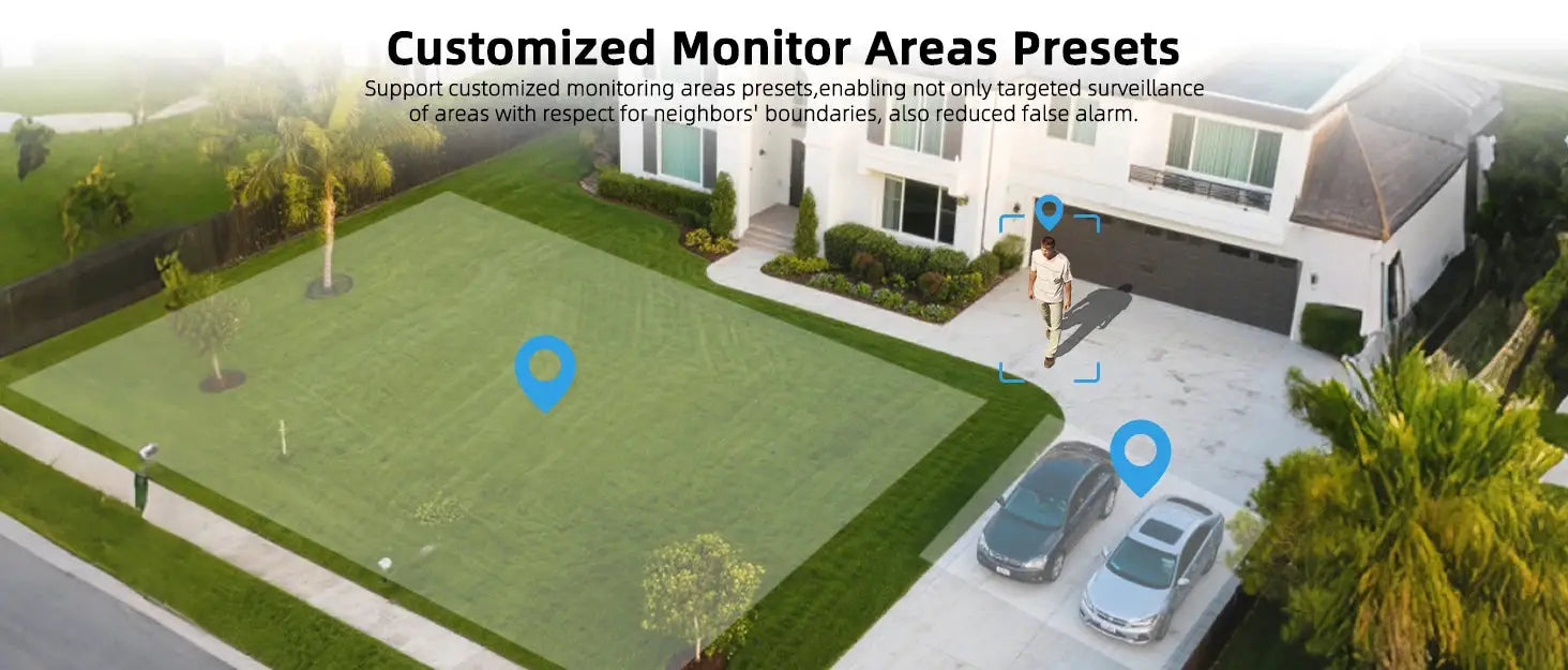 Outdoor WiFi security camera system with 4 lenses, 360° view and 16x zoom; residential driveway scene.
