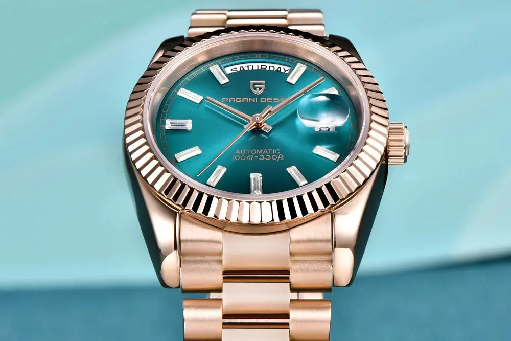 Pagani Design men's watch with gold-tone stainless steel bracelet, teal dial, and day-date window