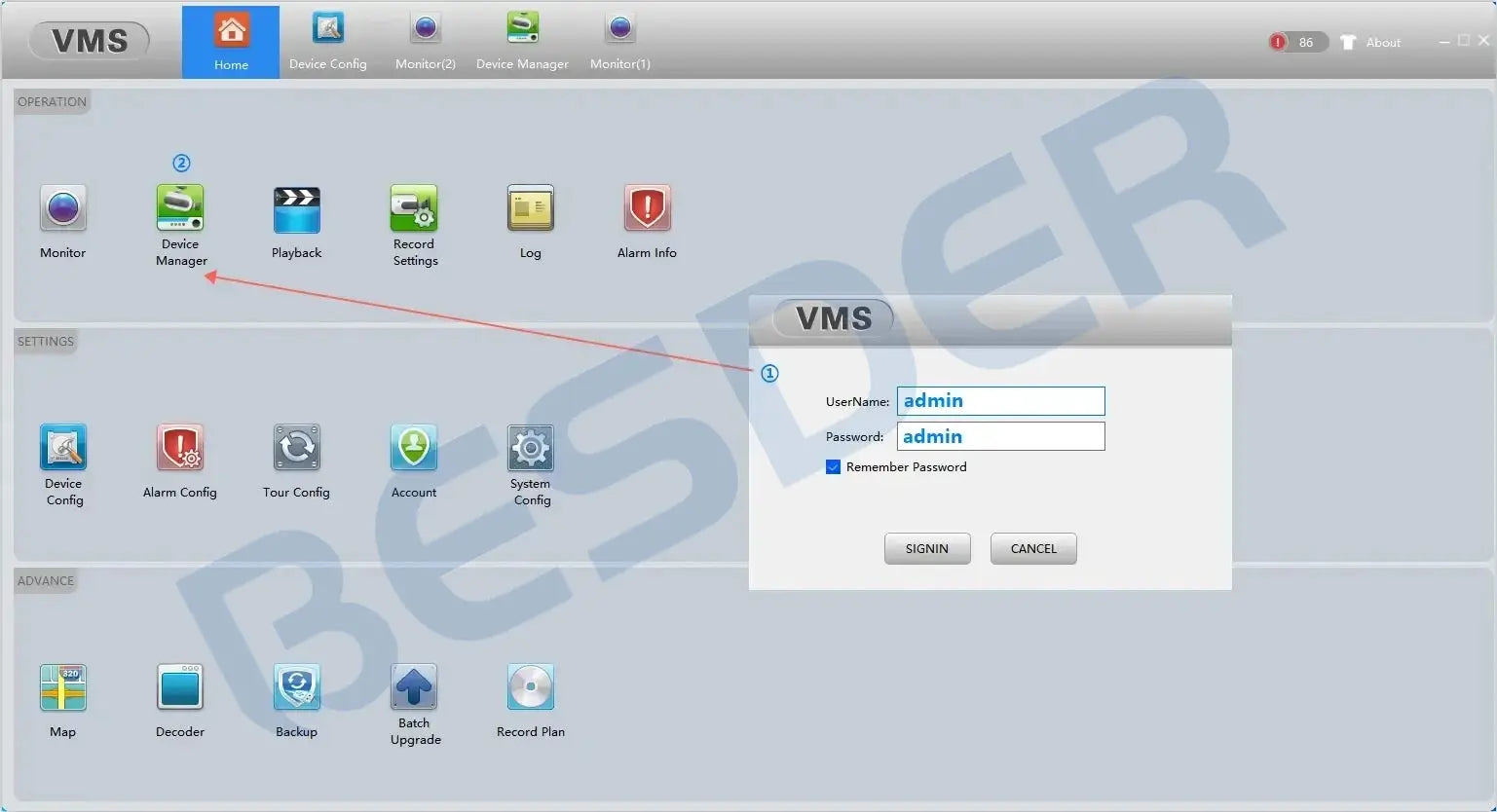 BESDER 4K 8MP WiFi PTZ IP camera VMS interface with device manager, playback, and login dialog