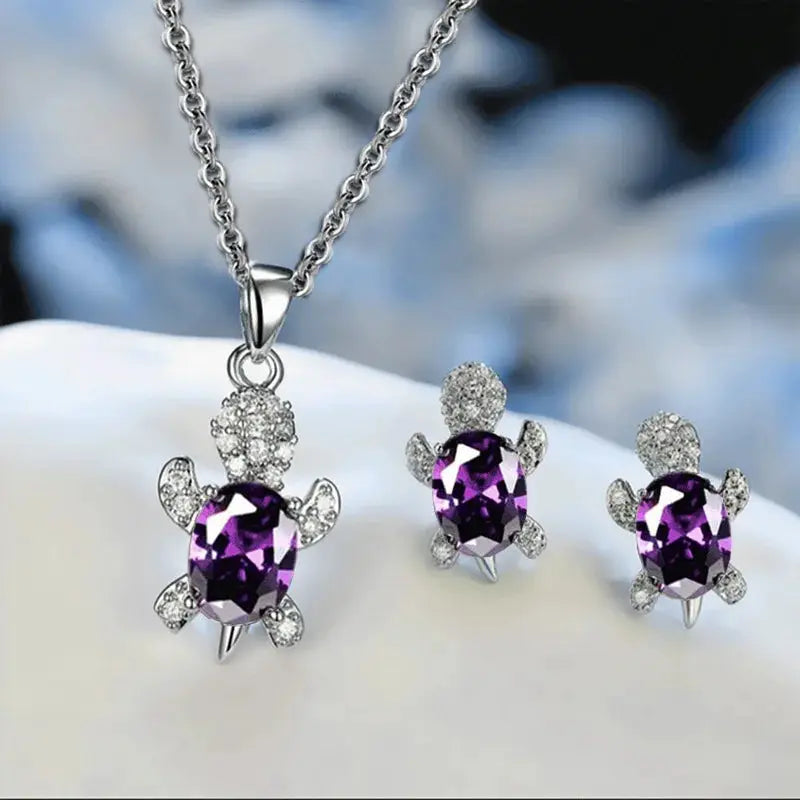 Three Piece Silver Plated Necklace Earrings Set For Ladies With Turtle Shape And Multicolor Glass Diamonds
