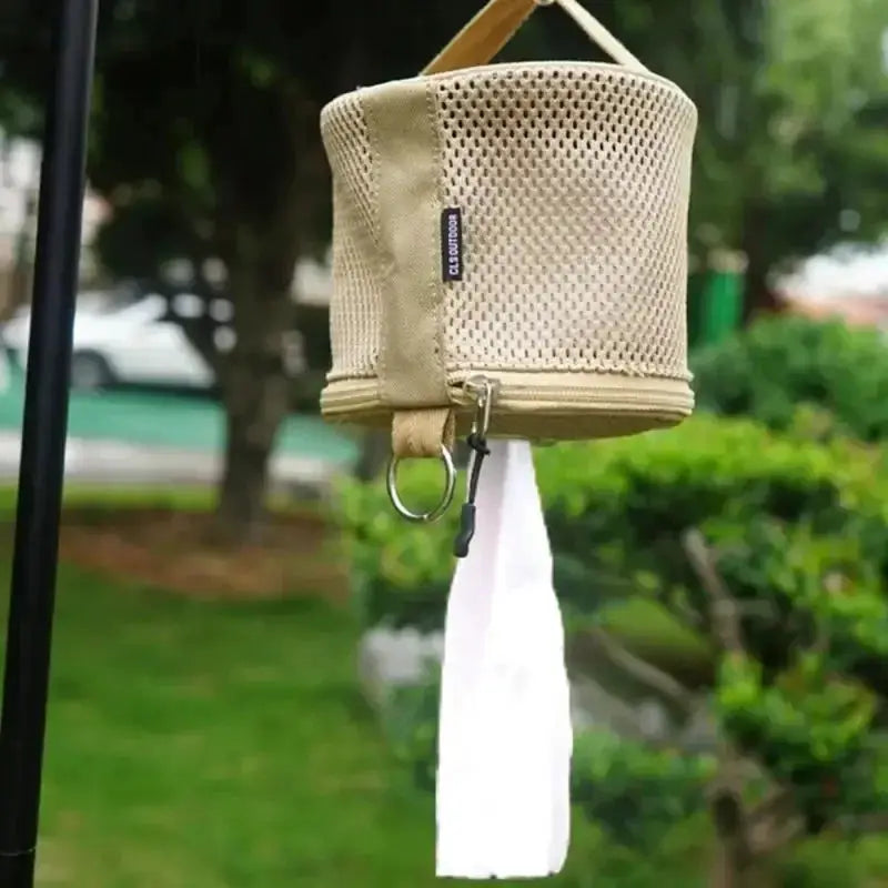 Beige mesh camping tissue case for roll paper storage with zipper, hanging strap and metal hook