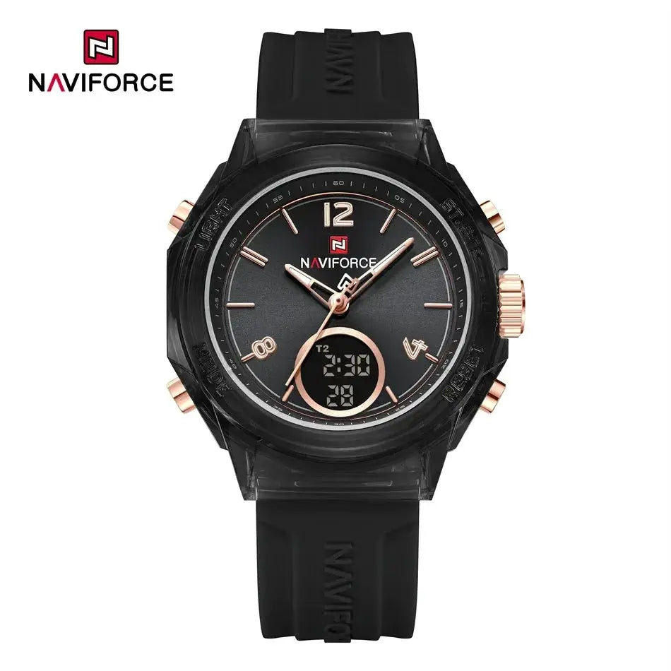 NAVIFORCE women's sport watch with black case, rose-gold accents, rubber strap, dual analog-digital display