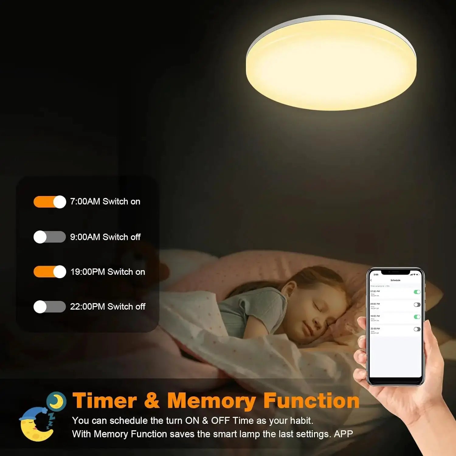 Tuya Zigbee Smart LED Ceiling Lamp by Simples Market, round RGBCW ceiling light with warm glow and schedule app