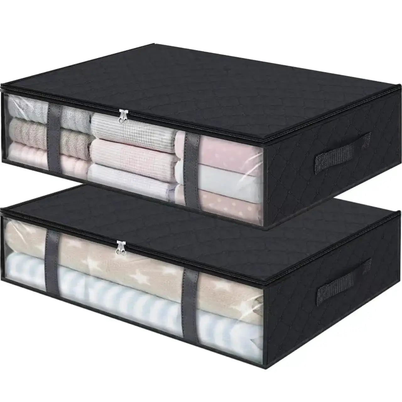 2pc large under-bed storage bags with clear window; black non-woven fabric and reinforced handles.