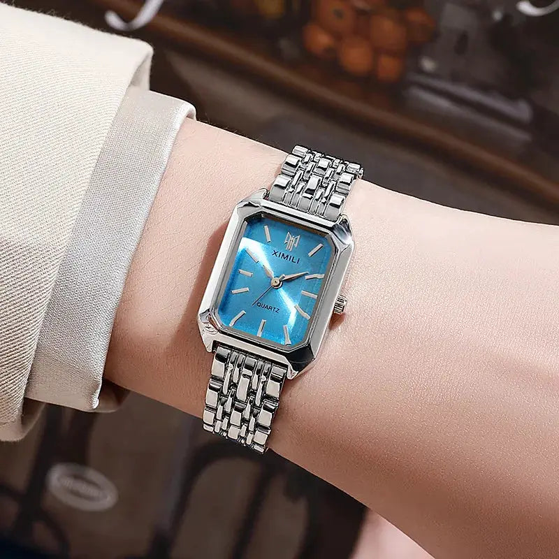 Women's rectangle steel-band quartz watch with blue dial and silver finish, XIMILI by Simples Market