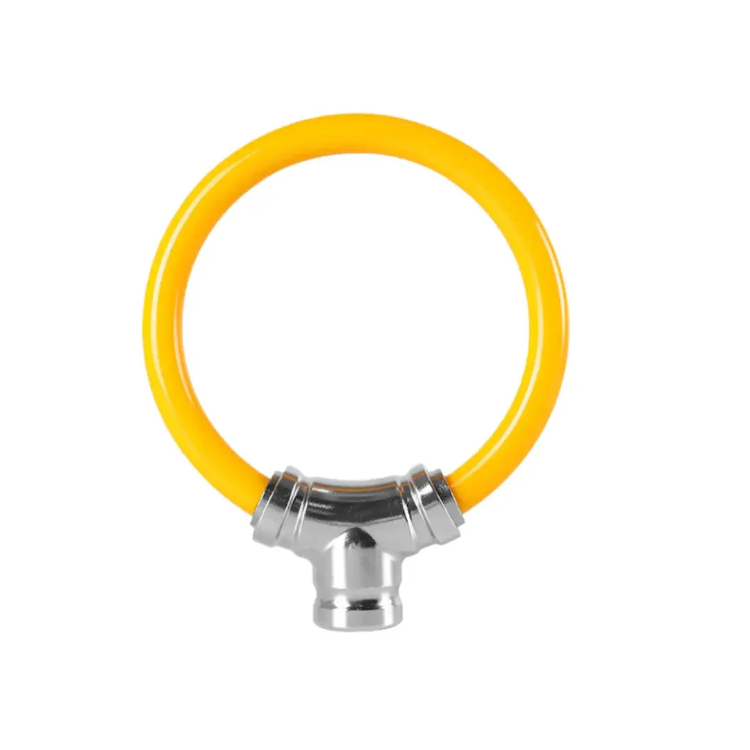 Bicycle helmet lock with yellow steel ring and chrome clamp