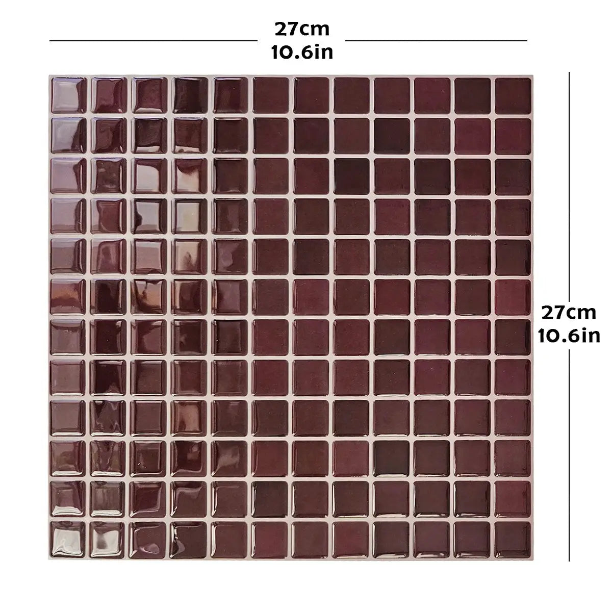 Self-adhesive burgundy mosaic tile sheet, 27 cm square, glossy square tiles for kitchen backsplash decor