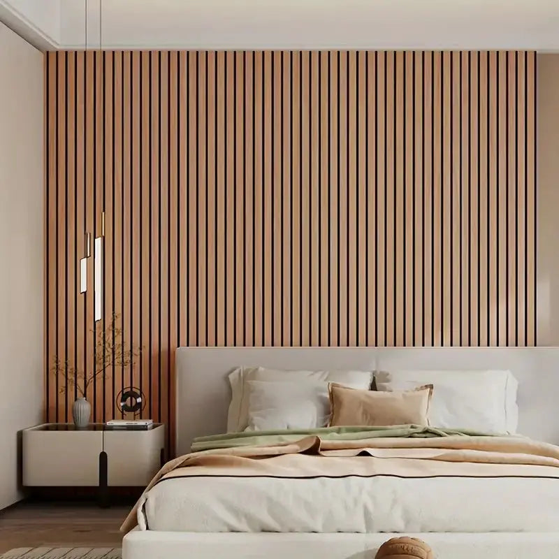3D Textured Grid Wall Panels, peel-and-stick wooden slat wall decor in light brown for bedroom or living room