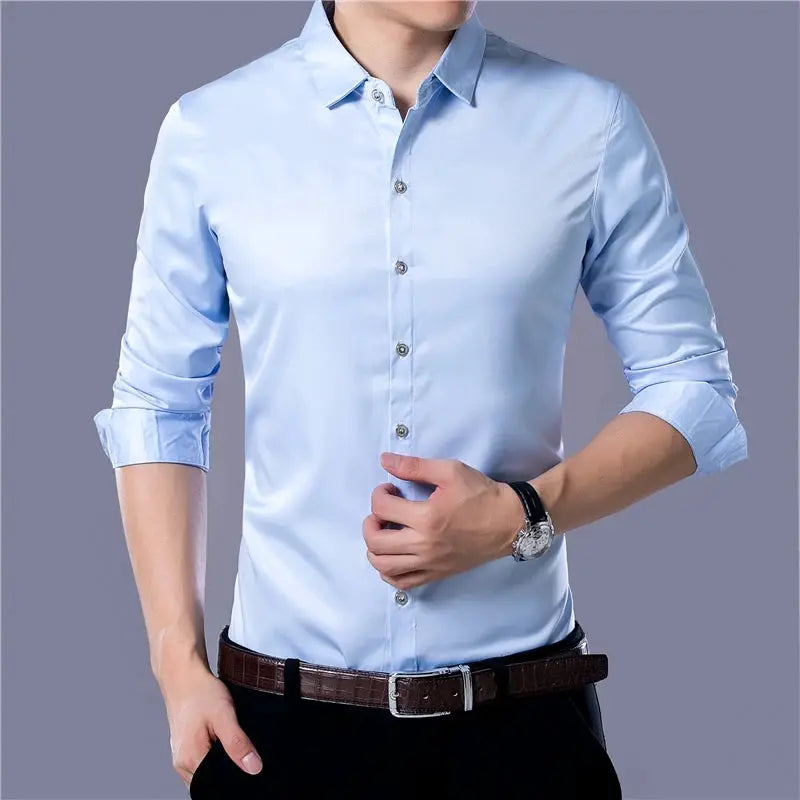 Men's casual long-sleeve shirt, solid light-blue, Simples Market