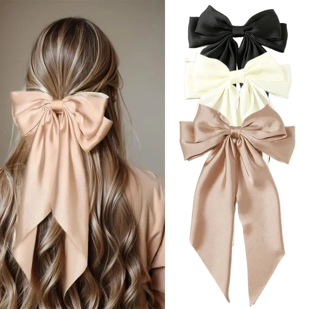 Korean Satin Bowknot Hair Clip For Women And Girls Long Ribbon Solid Color Barrette Hair Accessory