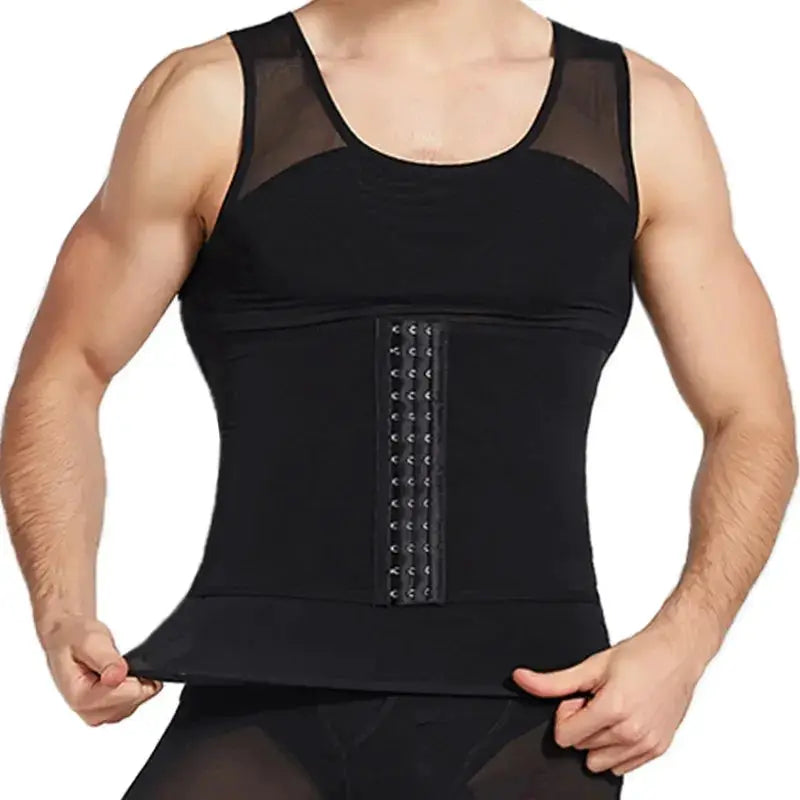 Men's black waist trainer compression vest with hook-and-eye front closure and mesh shoulder panels