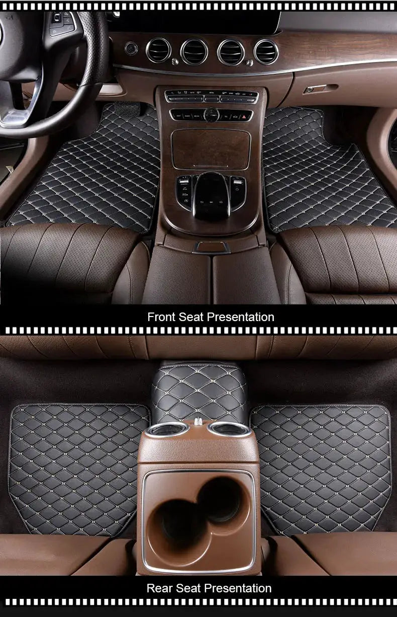 Universal 5Pcs PU leather car floor mats set; black quilted diamond-pattern mats for front and rear seats