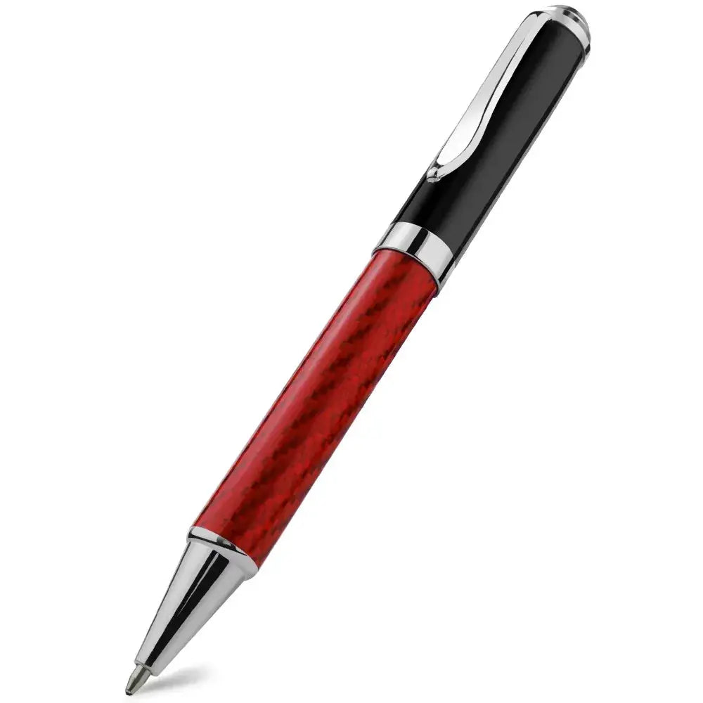 Carbon Fiber Signature Pen with red carbon-fiber barrel, black cap, chrome trim, 0.5mm gel ink