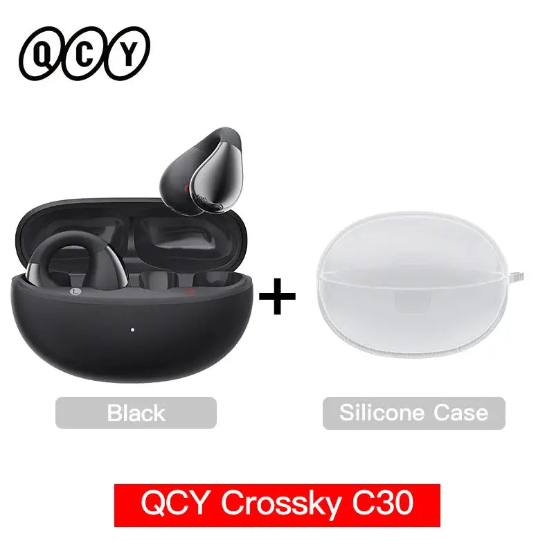 QCY Crossky C30 ear clip earphones and silicone case, black, Bluetooth 5.4, 2-item set