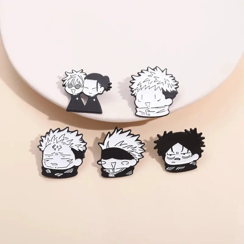 Enamel pin set of five black-and-white cartoon anime character brooches