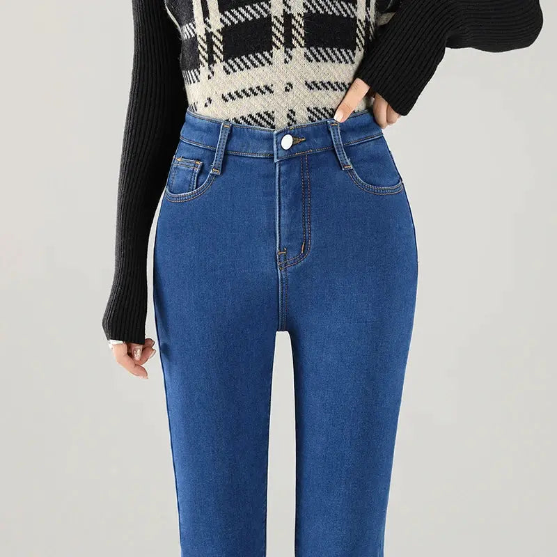 Women Thermal Jeans Fleece Lined Warm Stretch Slim Fit Pants Korean