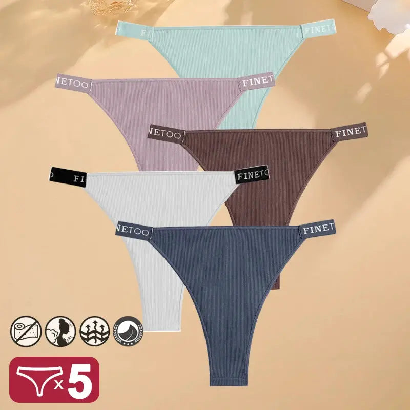5-pack Finetoo ribbed cotton thong panties; low-rise underwear in assorted pastel colors