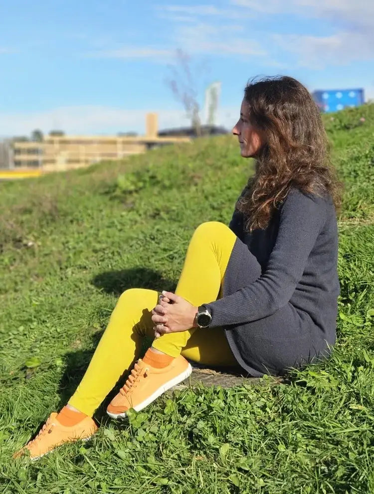 HOBIBEAR wide-toe barefoot shoes in orange canvas; unisex minimalist sneakers.