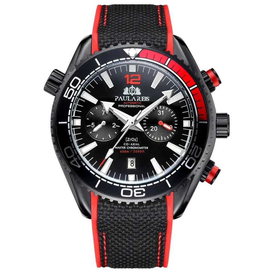 PAULAREIS automatic men's chronograph watch with black dial, red accents, rubber strap