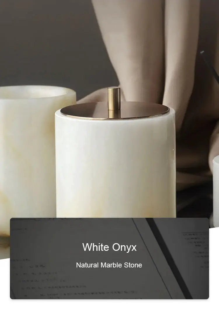 3-piece white onyx marble bathroom accessories set with gold-toned soap dispenser, tissue box, and vanity tray