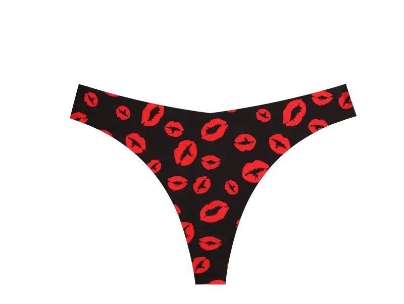 Simples Market thong, black fabric with red lipstick print, seamless ultra-thin