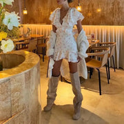Women's 2026 Spring Summer Ruffled Floral Short Skirt Dress V Neck