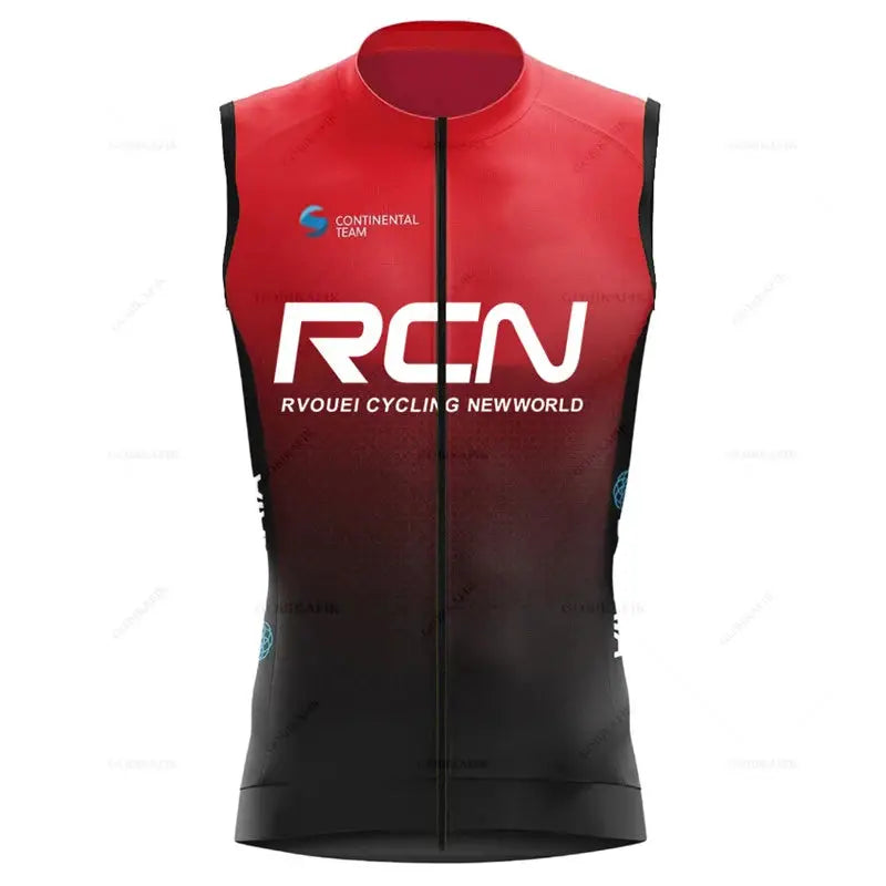 Rvouei cycling sleeveless vest with full-length zipper, red-to-black gradient, lightweight windproof with RCN branding