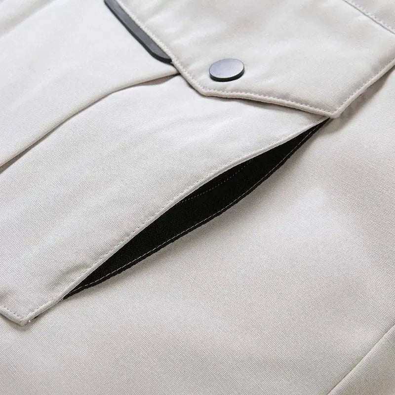 Men's beige thermal down jacket by Simples Market with snap flap and black lining