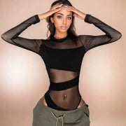 Mesh jumpsuit bodysuit by Simples Market in black with sheer long sleeves and diagonal panels