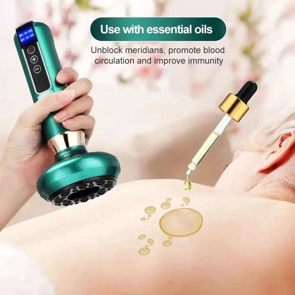 Tricolor electric massager with green body and gold-accented head; oil dropper nearby