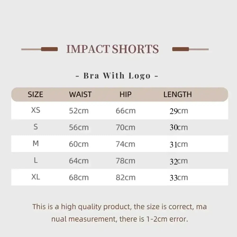 Impact Shorts size chart with waist, hip and length measurements from XS to XL; Bra With Logo.