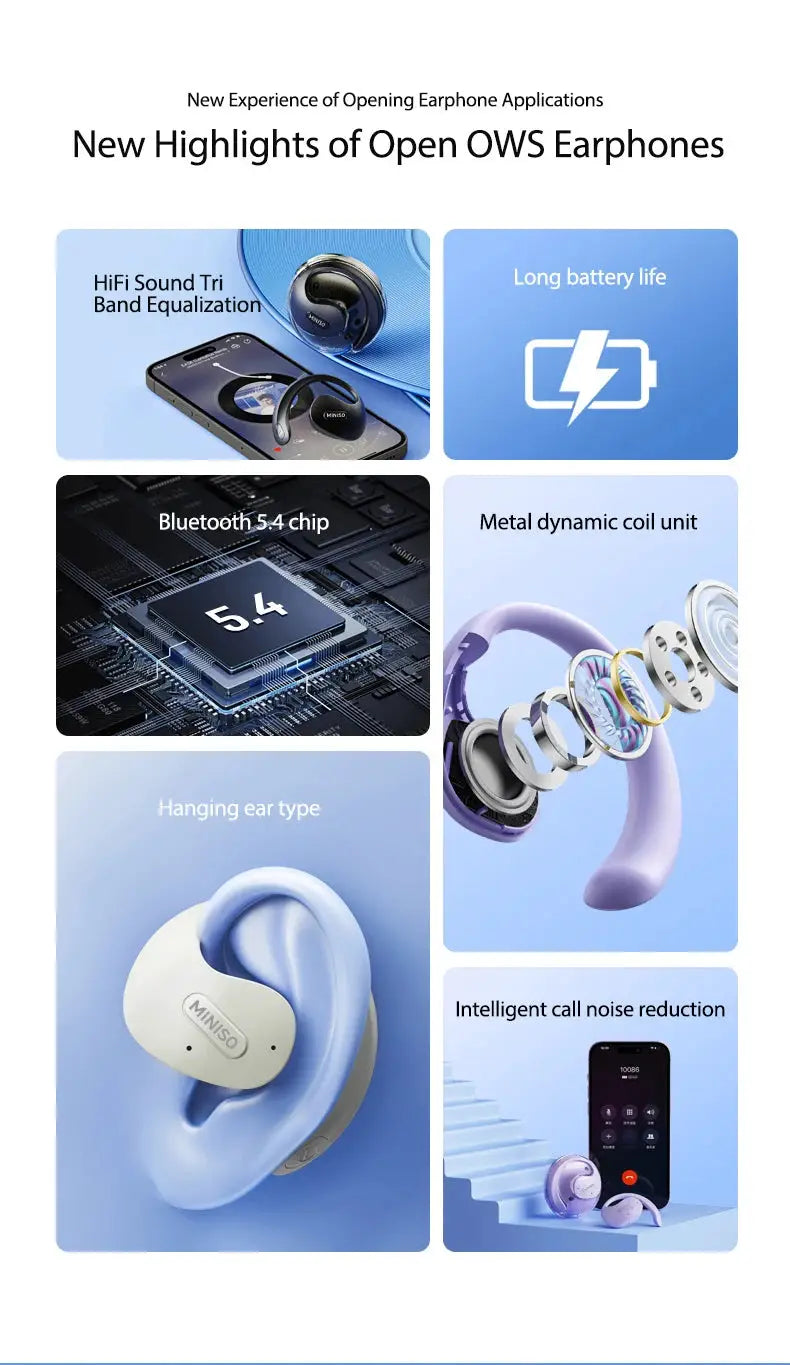 MINISO translator earphones X15Pro, white wireless Bluetooth 5.4 headset with hanging-ear design