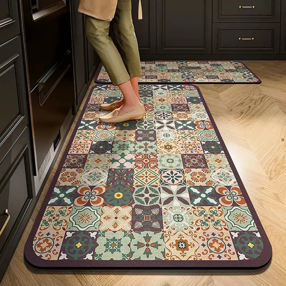 Non-slip kitchen mat long rug set of two with crystal velvet, colorful tile pattern for kitchen and living areas.