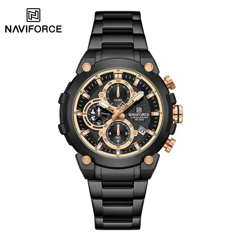 NAVIFORCE men's luxury chronograph watch with black stainless steel band and gold-tone bezel, 3ATM water resistant.