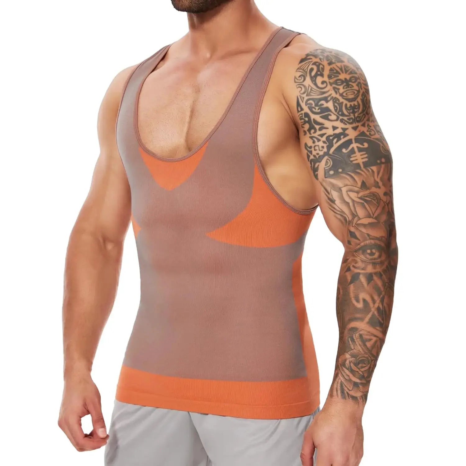 Men's shapewear body shaper sleeveless T-shirt in taupe/orange with cross-elastic tummy control Simples Market