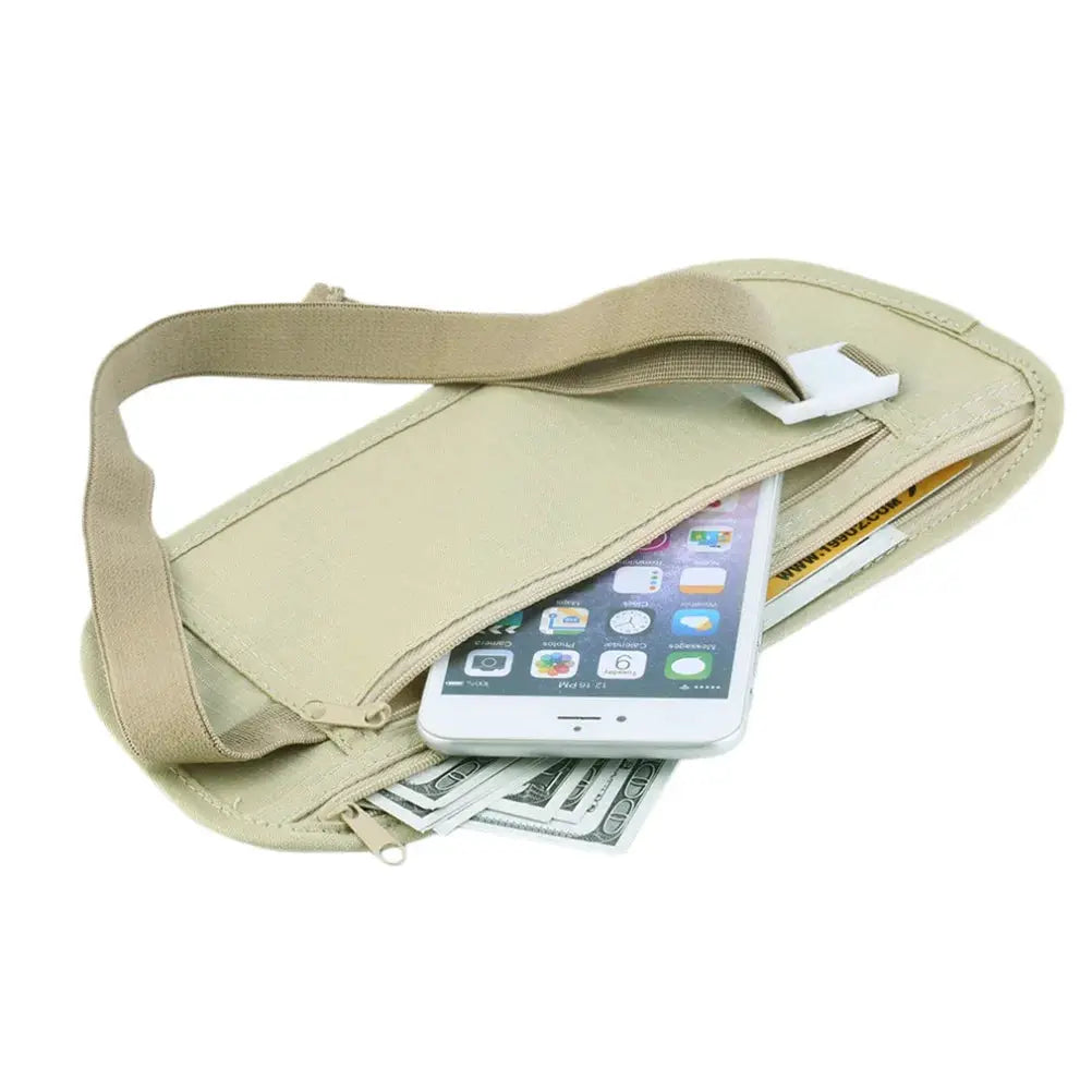 Beige invisible travel waist pack with strap, hidden security wallet holding phone and cash