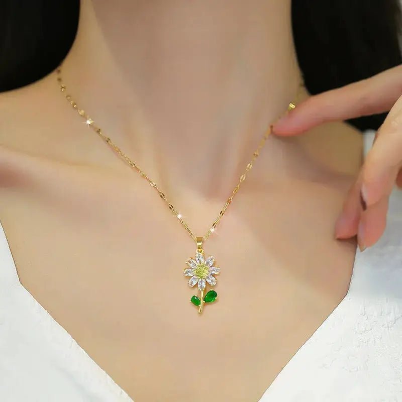316L Stainless Steel Full Zirconia Flower Pendant Necklace For Women Clavicle Chain Jewelry Gift - Simples Market
