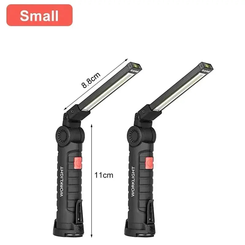 Simples Market COB LED work light; USB rechargeable, magnetic hook, 18650 battery, black handheld, two units