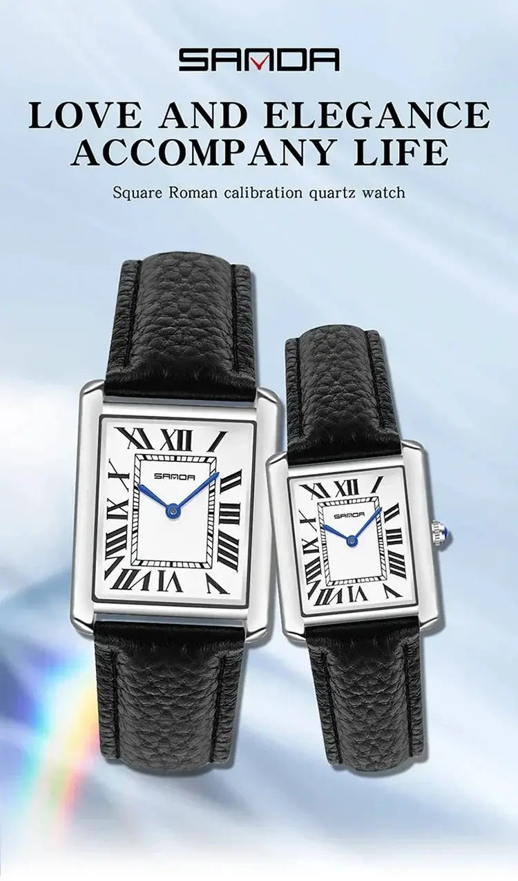 Pair of SAMDA luxury square watches with Roman numeral dials, quartz movement, blue hands and black leather straps